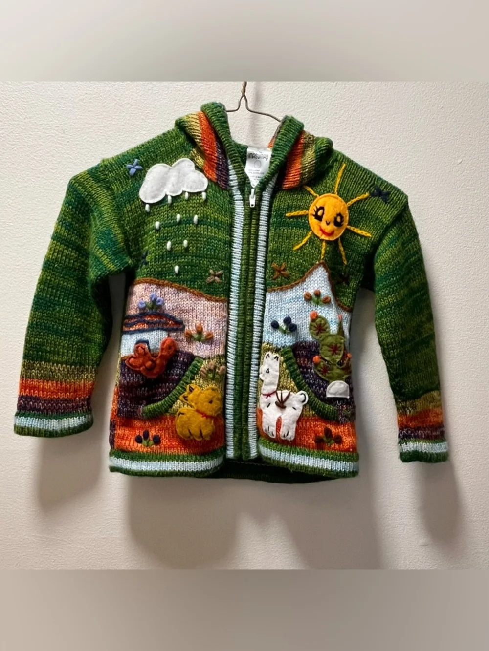 Artisan Full Zip Kid's Eclectic Hooded Sweater With Appliqued, Embroidered, 3-4T